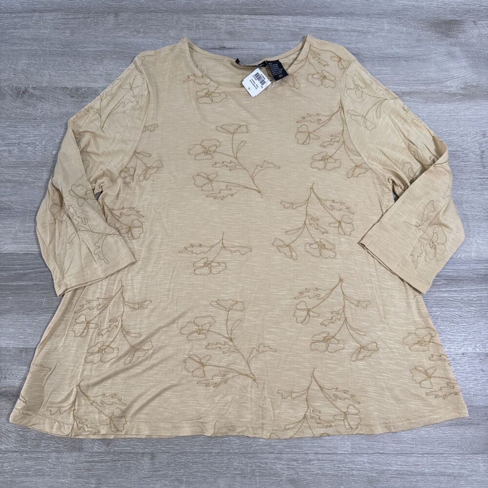 Women’s Embroidered Top XL Beige Floral Stretch Knit Long Sleeve Tunic Shirt NWT